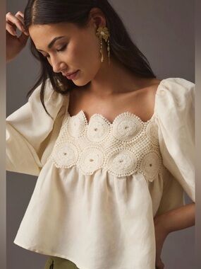 By Anthropologie Linen Crochet Babydoll Top XS Cream Puff Sleeve Blouse